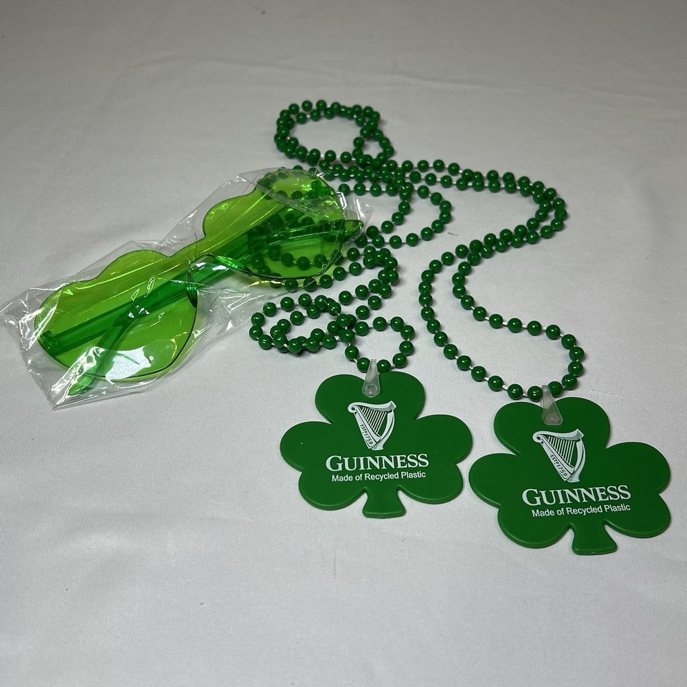 GUINNESS BEER 2 Irish St Patrick Bead Necklace Glasses Shamrock Green Clover NEW